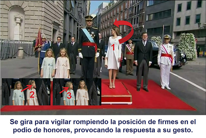 La reina Letizia se gira rompiendo la posición de firmes en el podio de honores